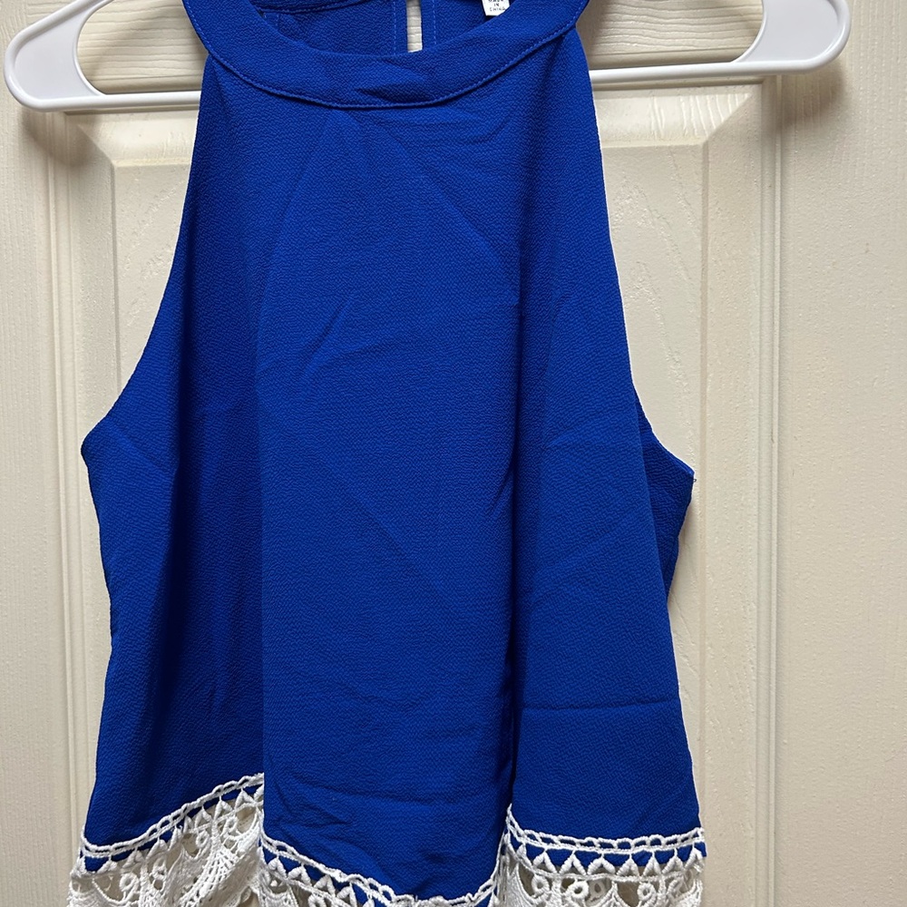 Papaya Royal Blue Halter Top with White Lace Hem
